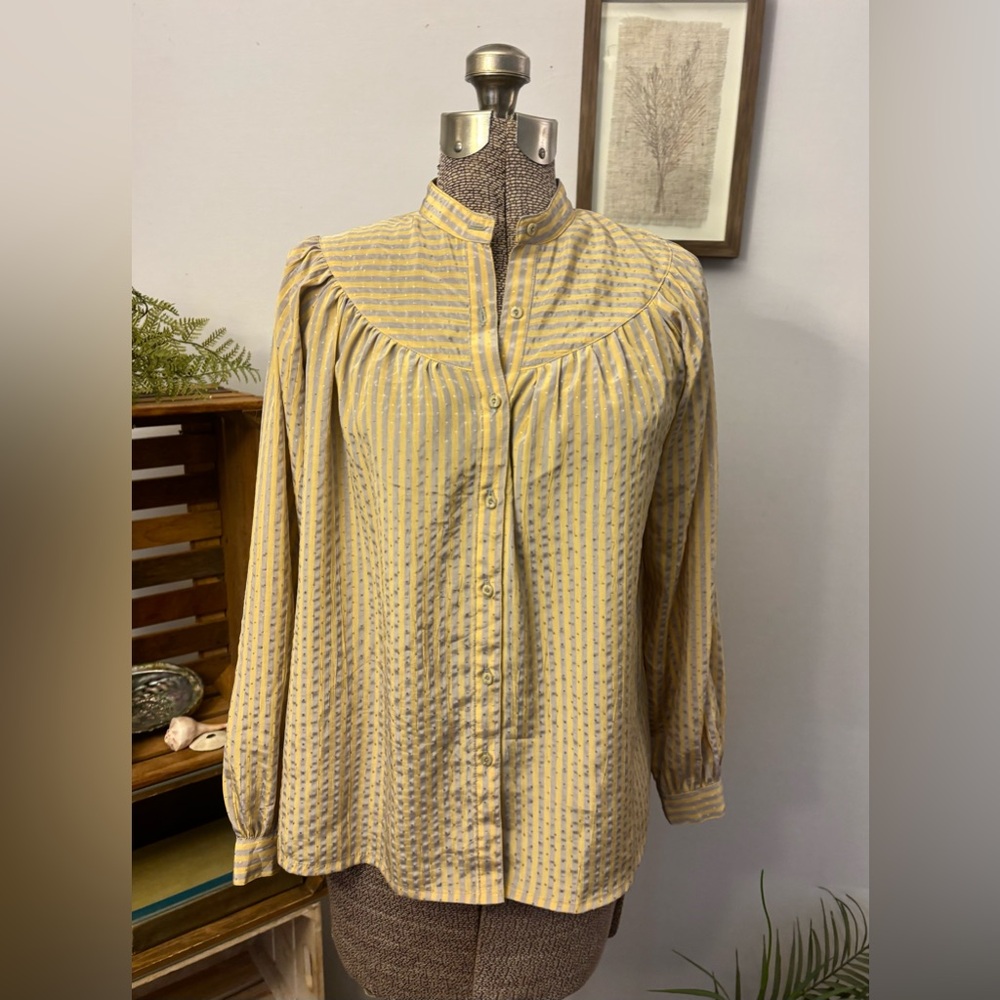 Vintage Yoked Striped Blouse Button Down Shirt High Neck Long Sleeve Yellow